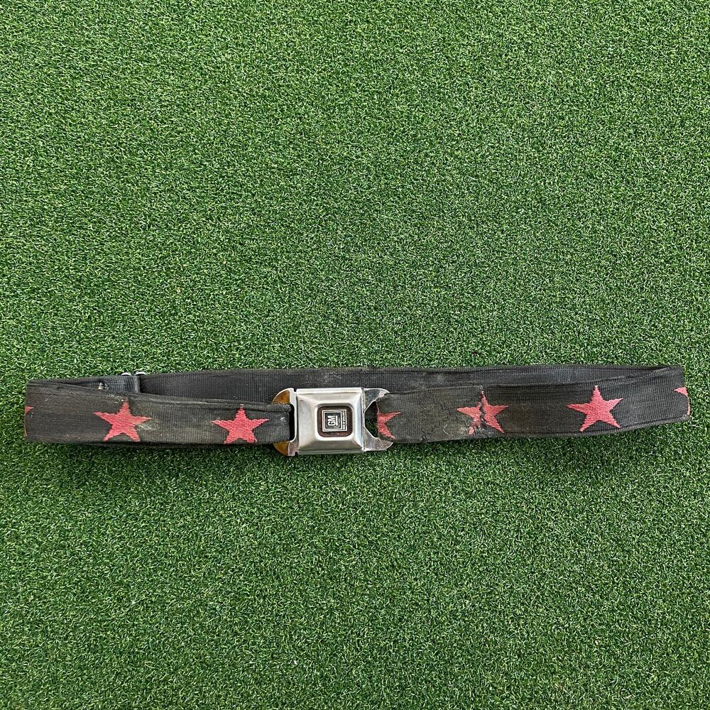 Vintage GM Mark of Excellence Buckle Down Red Stars Seatbelt Belt